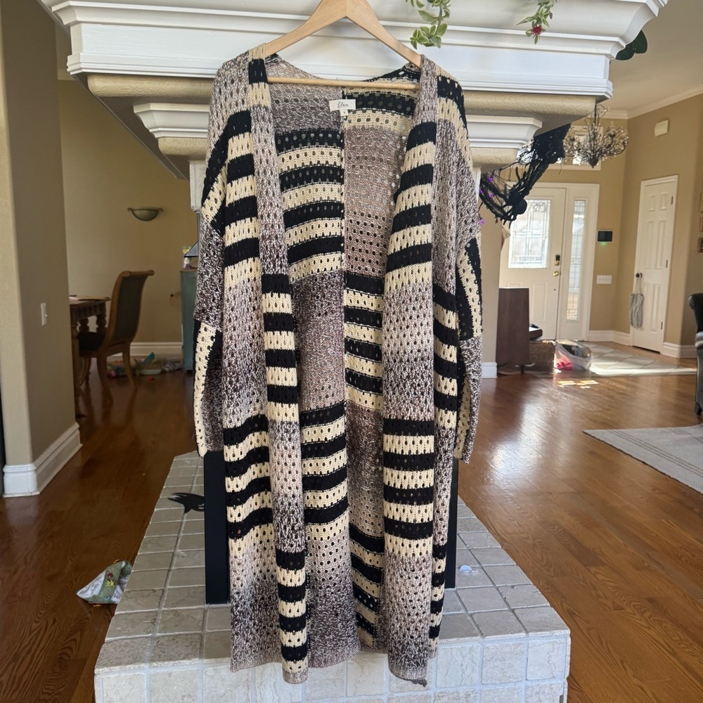 Elan Knit Duster Tan and Stripe Open Front Size Small - Picture 3 of 6